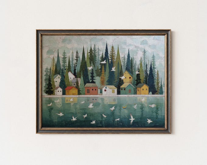 Nordic Folk Art Print: Scandinavian Village, Lake & Forest