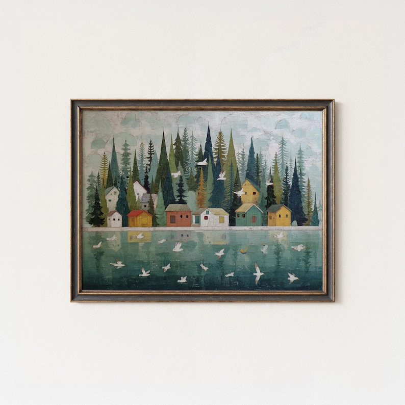Nordic Folk Art Print: Scandinavian Village, Lake & Forest image 1