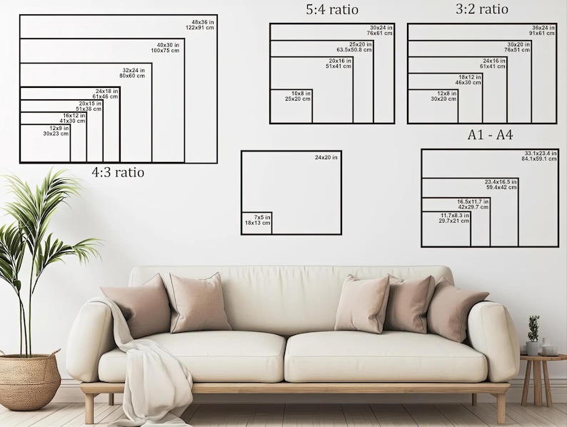 a living room with a white sofa and a potted plant. The sofa has a 4-3 ratio design, and the potted plant is placed next to the sofa. The wall behind the sofa has a series of framed images with different sizes and designs, including a 5-4 ratio, a 3-2 ratio, and a 4-3 ratio.