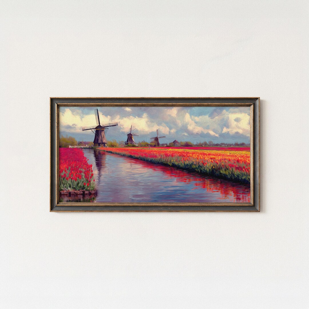 Dutch Tulip Field Painting – Windmill Landscape Fine Art Print - Etsy