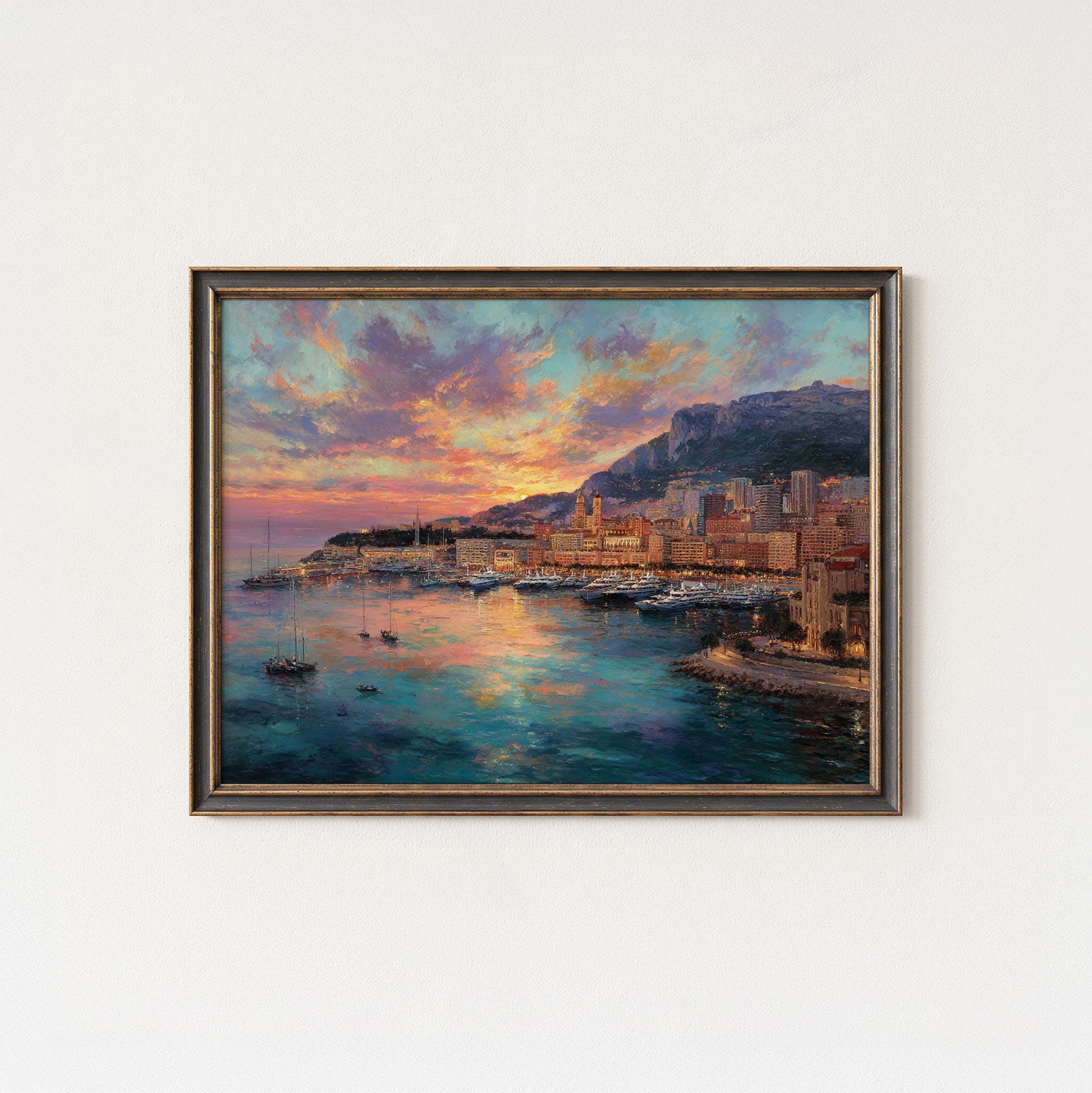 モナコ港の夕日の油絵 | フランスのリビエラの豪華な街並みの壁画