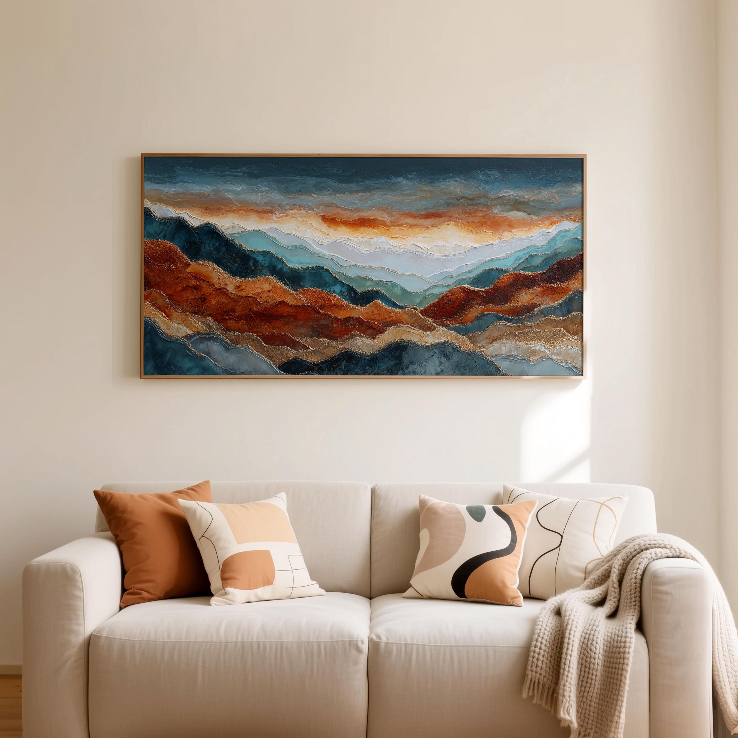 Textured Mountain Landscape Art Print: Teal & Rust Giclée - Etsy