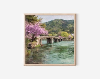 Arashiyama Bridge Print, Kyoto Cherry Blossom Scenery, Japanese Wall Art