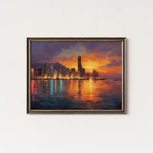 Stampa artistica dello skyline di Hong Kong al tramonto: paesaggio urbano del porto di Victoria