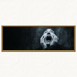 May include: A framed artwork depicts a person with a wide open mouth and hands on their face, conveying a sense of shock or terror. The artwork is primarily in shades of gray and black, with a gold-colored frame.
