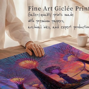 a person's hand resting on a colorful painting depicting a fantastical, surreal landscape with trees and other fantastical elements.