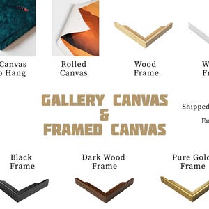 various types of gallery canvas and framed canvas, including gallery wall art, rolled canvas, wood frame, white frame, black frame, dark wood frame, and pure gold frame.