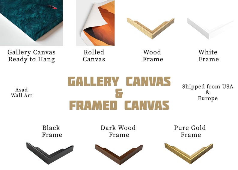 various types of gallery canvas and framed canvas, including gallery wall art, rolled canvas, wood frame, white frame, black frame, dark wood frame, and pure gold frame.
