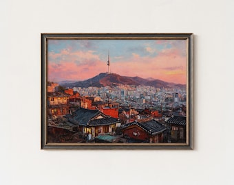 Lámina de la ciudad de Seúl, arte mural de Corea, pintura del horizonte, decoración de atardecer