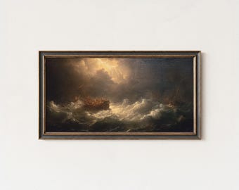 Schip in bliksemstormolieverfschilderij | Dramatische zeegezichtkunstafdruk