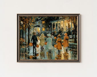 Vintage Halloween Print: Rainy Night Trick or Treat, Autumn Children