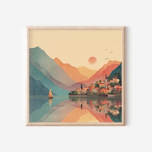 Sonnenuntergangsmotiv vom Comer See, Wandkunst im italienischen Dorfstil, Reiselandschaftsdekor aus der Mitte des 20. Jahrhunderts
