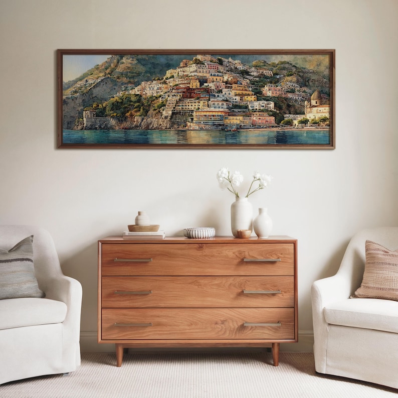 Positano Italy Print Panoramic Amalfi Coast Wall Art Watercolor Coastal ...