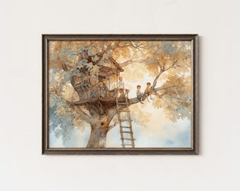 Treehouse Watercolor Art Print: Children's Storybook Illustration