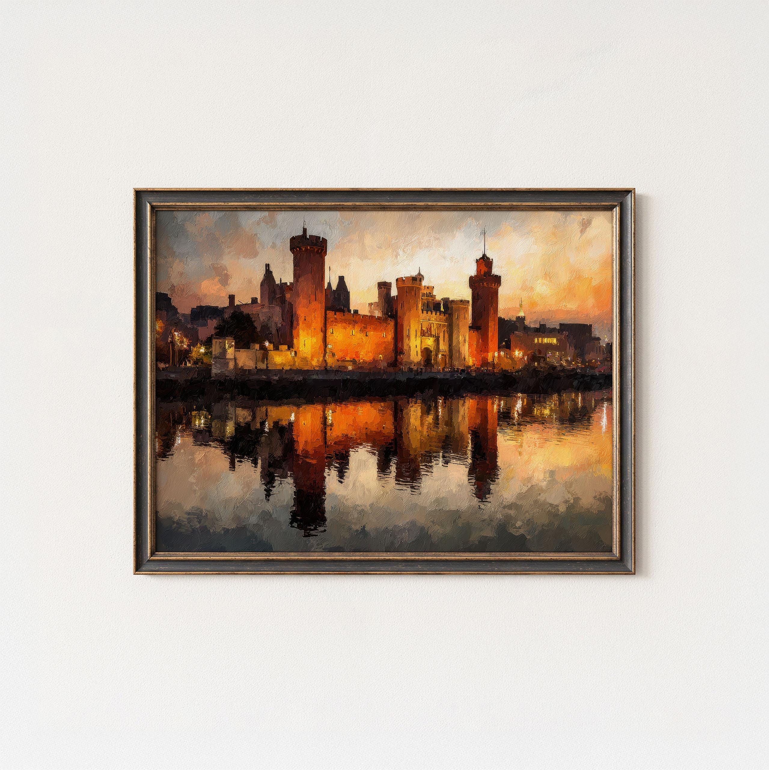 カーディフ城の夕日を描いた絵画：ウェールズのランドマークのアート