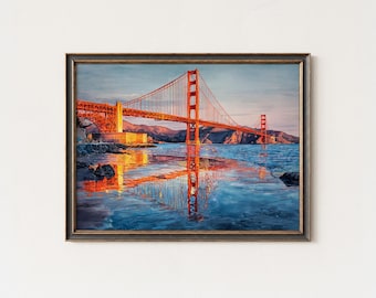Golden Gate Bridge aquarel kunstafdruk | Zonsondergang in San Francisco
