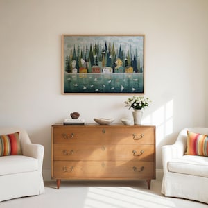 Nordic Folk Art Print: Scandinavian Village, Lake & Forest image 2