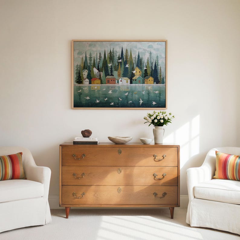 Nordic Folk Art Print: Scandinavian Village, Lake & Forest image 2