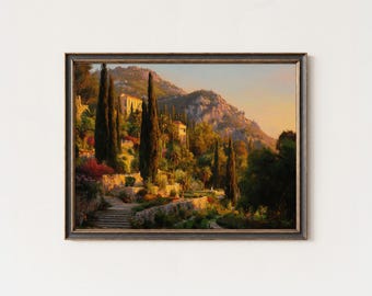 Lámina artística de una villa toscana: pintura al óleo de un jardín mediterráneo