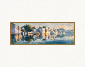 Udaipur Lake Palace Watercolor Print, India Panoramic Landscape