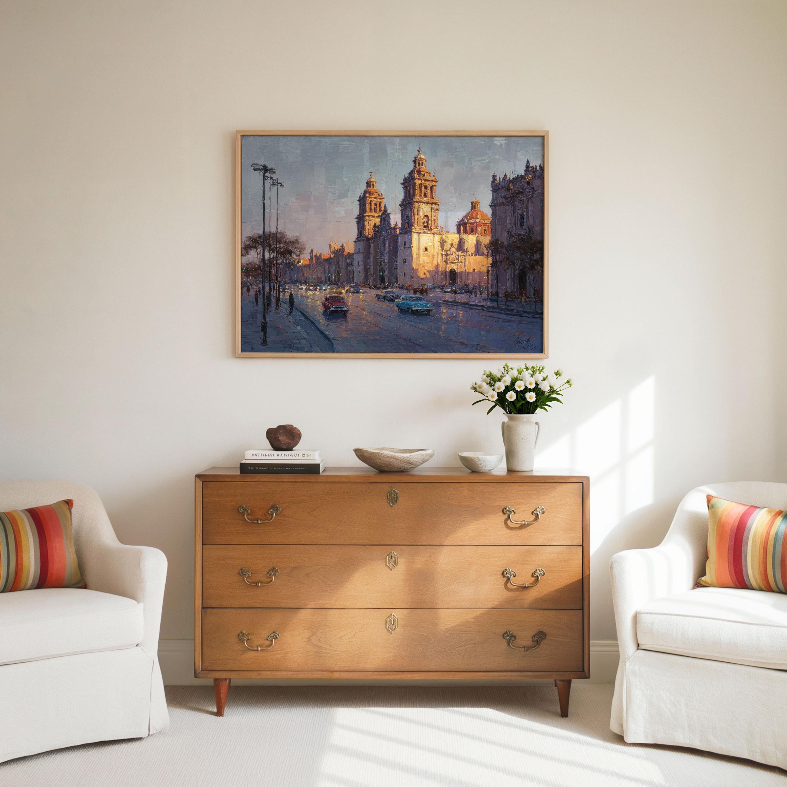 額縁込みメキシコ画家ミッドセンチュリー Mexico City Cathedral Art Print: Zócalo Square Oil Painting - Etsy