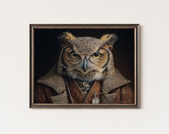 Steampunk Owl Portrait: Victorian Gentleman Animal Wall Art