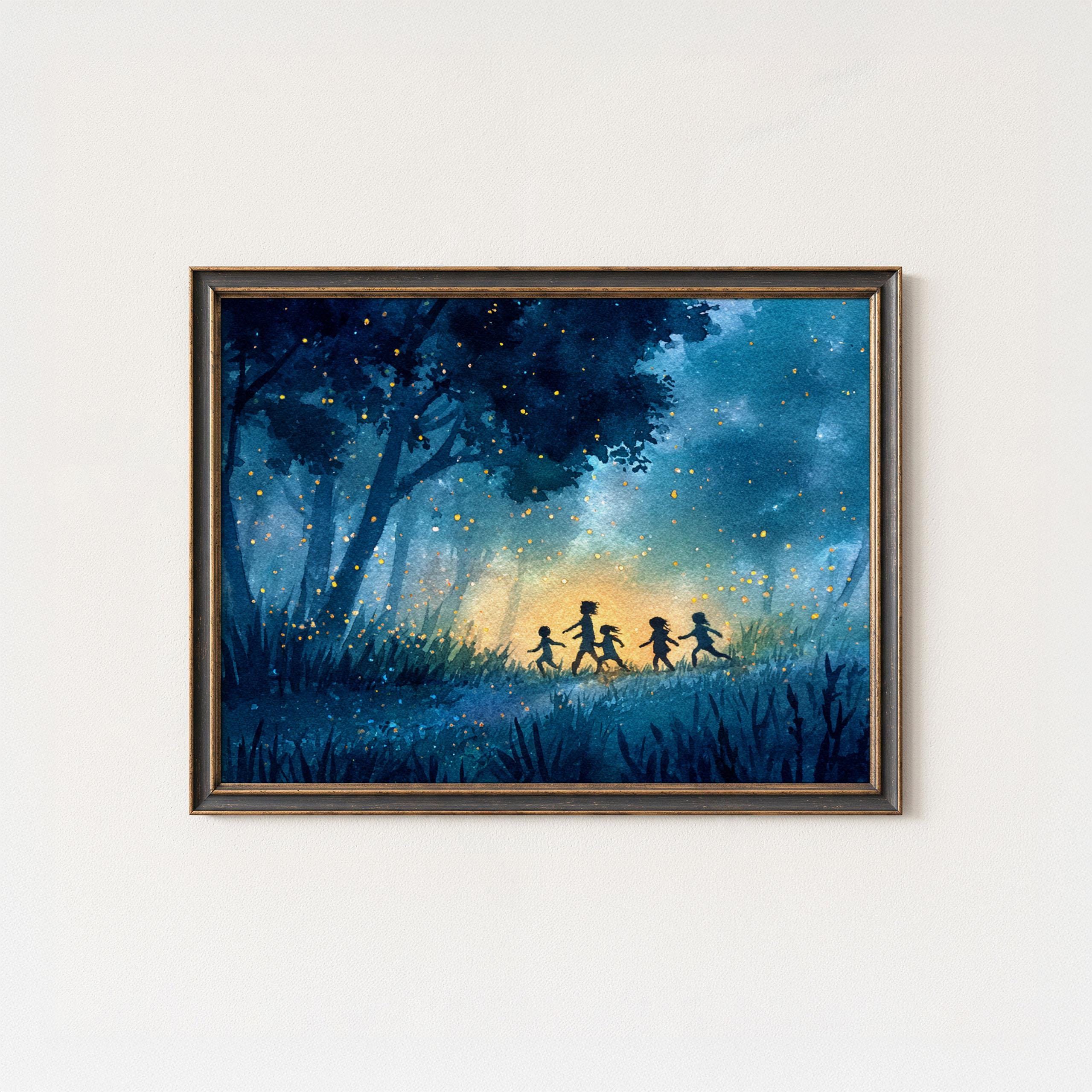 油絵 絵画【蛍の夜ノ森】 蛍の下で遊ぶ子供たちのプリント：気まぐれな夜の森のアート - Etsy 日本