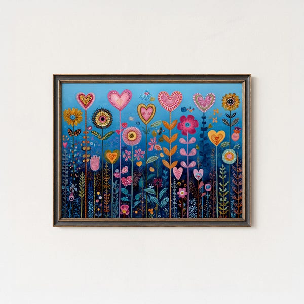 Heart Flower Garden Art Print: Whimsical Folk Art Decor
