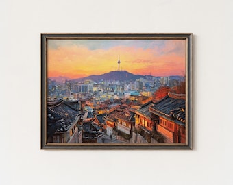 Arte de la ciudad de Seúl, lámina mural de Corea, pintura de puesta de sol, vista de un Hanok