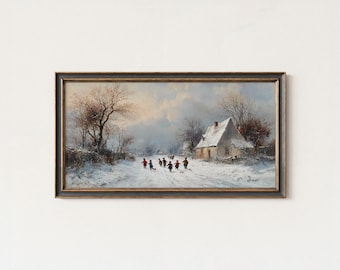 雪の中で遊ぶ子供たちのキャンバスアート：ノスタルジックな冬の風景