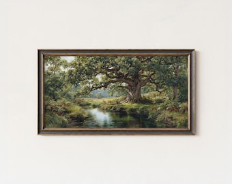 May include: A framed landscape painting depicts a serene forest scene. A large, ancient tree dominates the center, its branches spreading over a calm river. Lush green foliage and a dark wooden frame complete the artwork, creating a tranquil atmosphere.