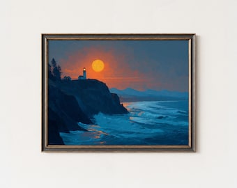 Lámina artística de paisaje marino con faro a la luz de la luna: decoración costera espectacular para la pared.