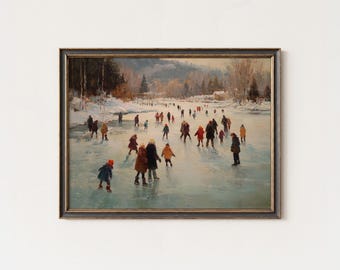 Vintage Winter Ice Skating Painting – Family on Frozen Lake Art Print