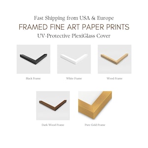 a collection of framed fine art prints, each with a different frame color and style, including black, white, wood, dark wood, and pure gold frames.
