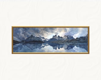 Aquarelprint van Torres del Paine, Patagonisch berglandschap, panoramische wanddecoratie