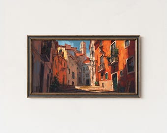 Grabado de la calle Alfama de Lisboa – Luz dorada, Portugal. Arte de viajes.