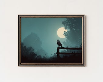 Barn Owl Moonlight Print: Teal Forest Night Scene Wall Art