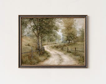 Rustic Country Road Painting: Farmhouse Landscape Wall Art