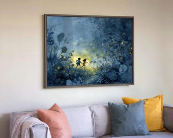 蛍の版画：気まぐれな子供の夜の森の絵画 - Etsy 日本
