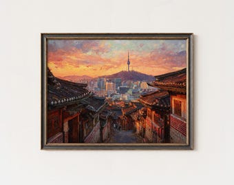 Estampado de puesta de sol en Seúl, arte mural coreano, calle Hanok, pintura del horizonte urbano.