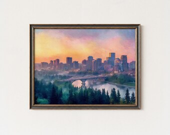 Edmonton Skyline Art Print: Alberta Cityscape Oil Painting Style