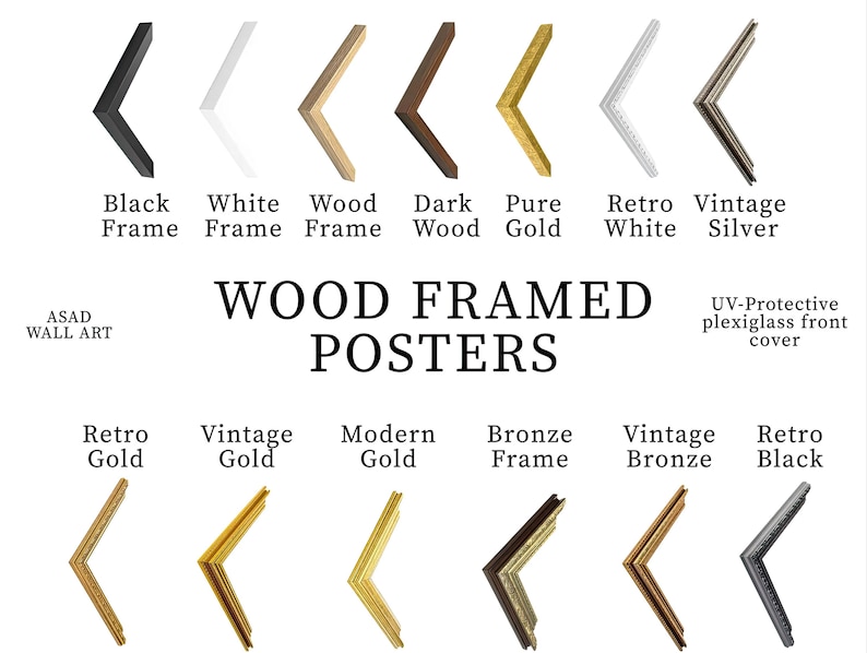 a collection of various wood-framed posters in different colors and styles, including black, white, wood, gold, silver, retro, vintage, modern, bronze, and black.