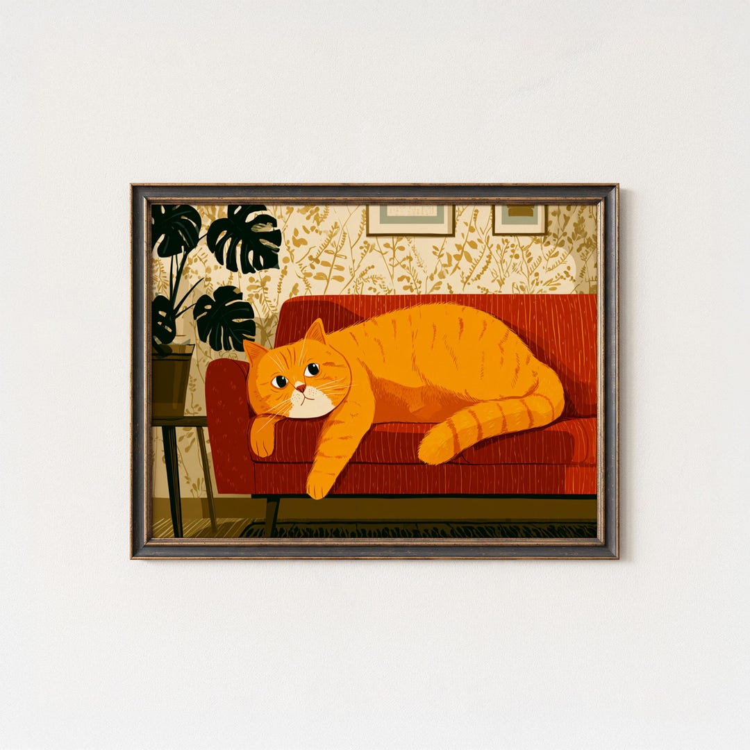 Retro Orange Cat Wall Art | Whimsical Fat Cat Print on Mid-century Sofa ...