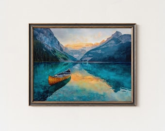 Stampa di una canoa sul lago Louise: paesaggio con riflessi sulle montagne di Banff