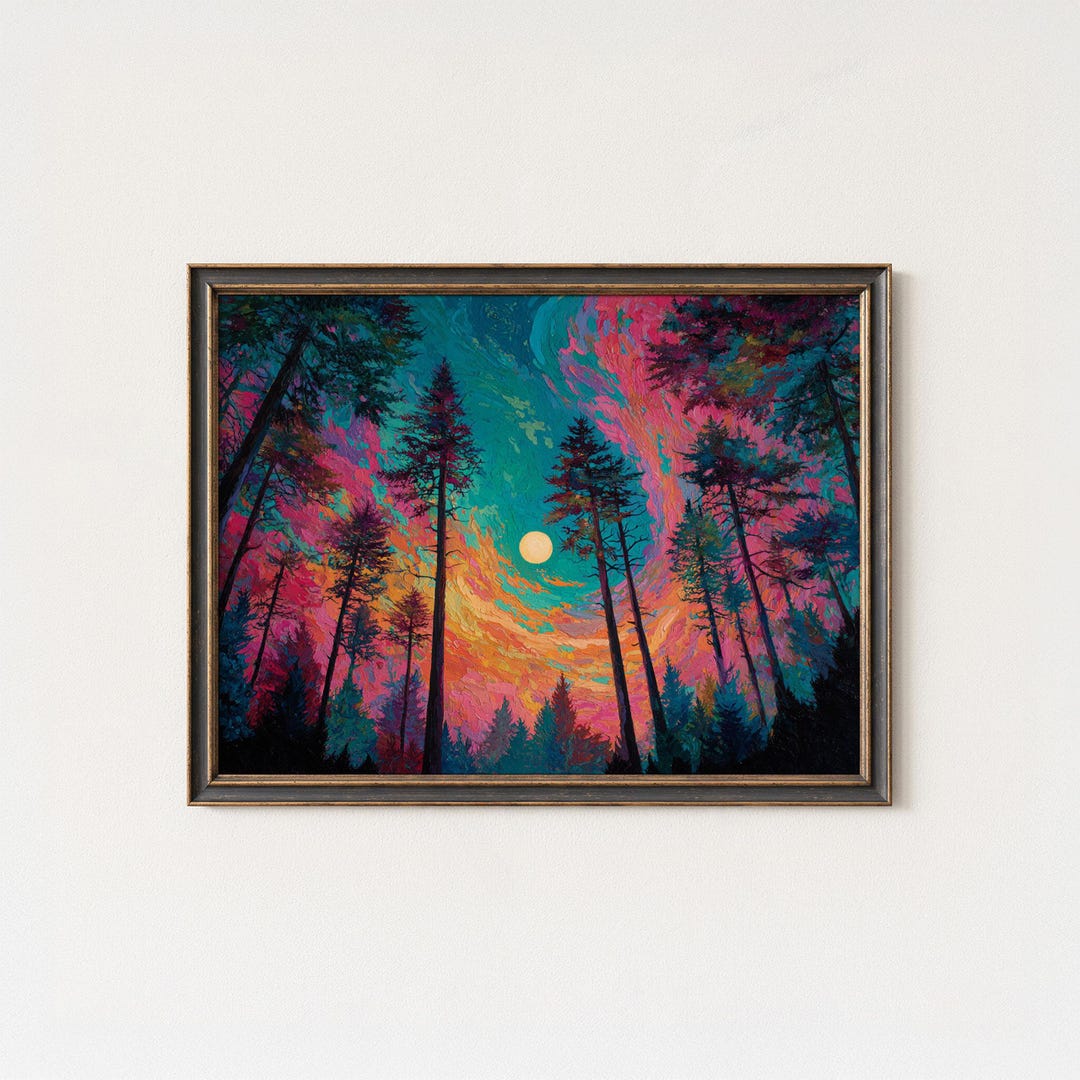 Psychedelic Sunset Pine Forest Art Print – Vibrant Surreal Landscape - Etsy