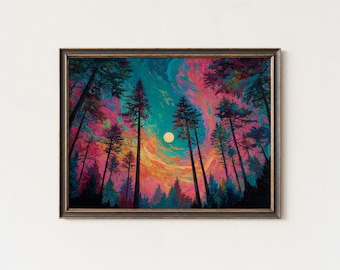 Psychedelic Sunset Pine Forest Art Print – Vibrant Surreal Landscape