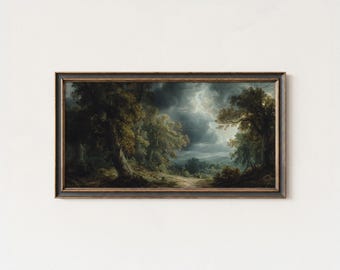 Schilderij van een storm boven een bos, dramatische landschapskunstprint