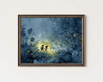 ホタルのプリント：幻想的な子供向け夜の森の絵 - Etsy 日本