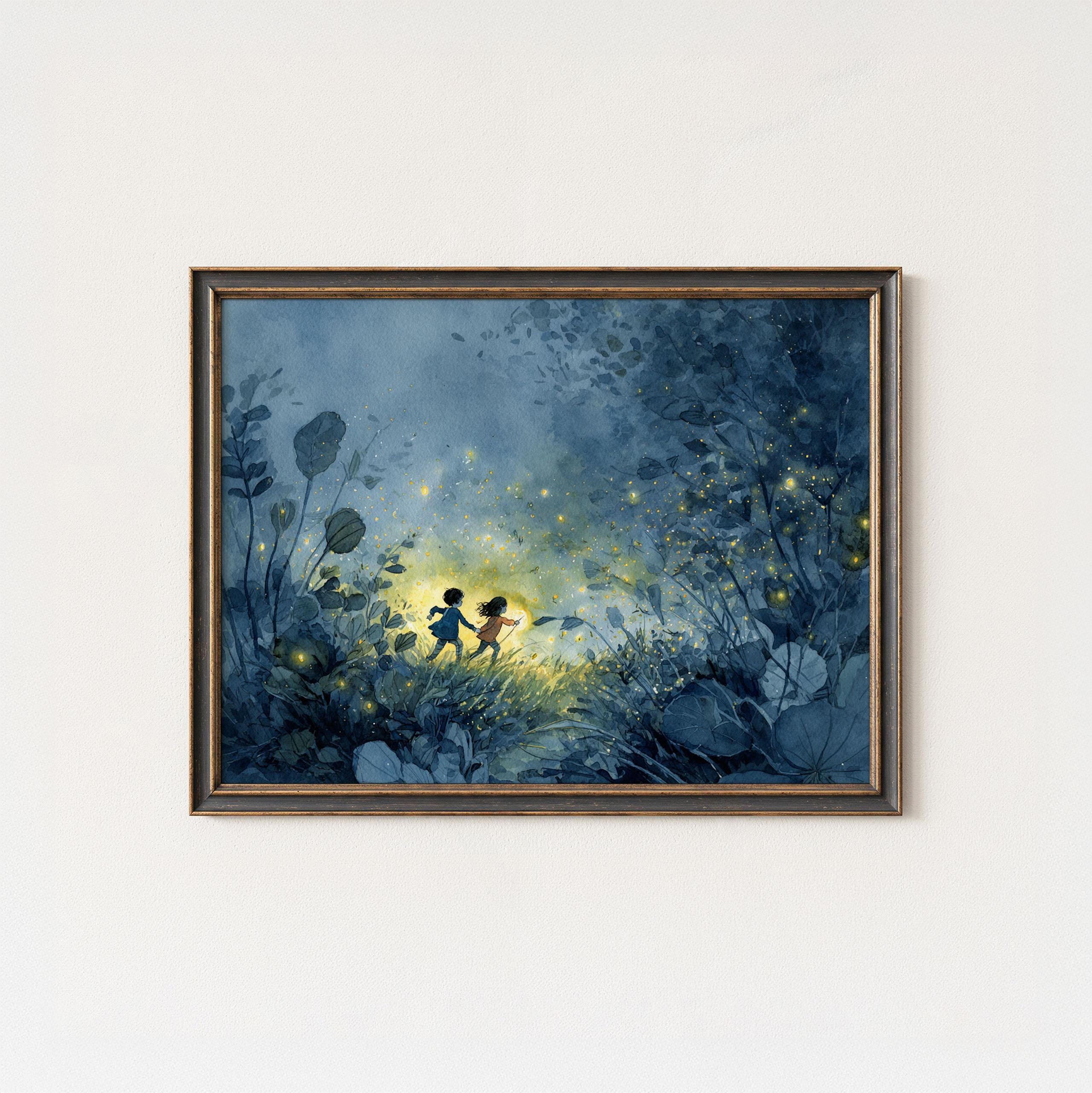 蛍の版画：気まぐれな子供の夜の森の絵画 - Etsy 日本
