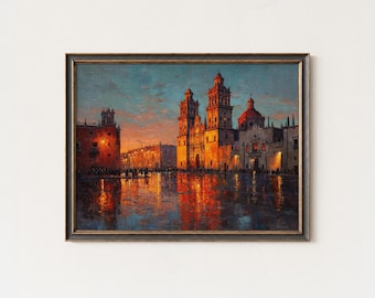 Mexico City Cathedral Sunset Print: Zócalo Square Oil Painting